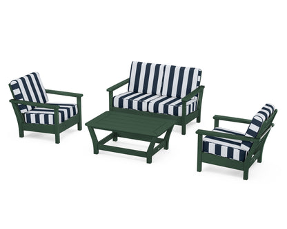 POLYWOOD® Harbour 4-Piece Deep Seating Set in Green / Cabana Stripe Marine Indigo
