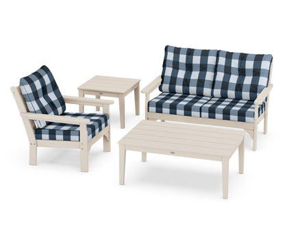 POLYWOOD® Vineyard 4-Piece Deep Seating Set in Sand / Buffalo Plaid Marine Indigo