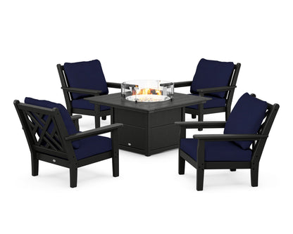 POLYWOOD® Chippendale 5-Piece Deep Seating Set with Fire Pit Table in Black / Navy