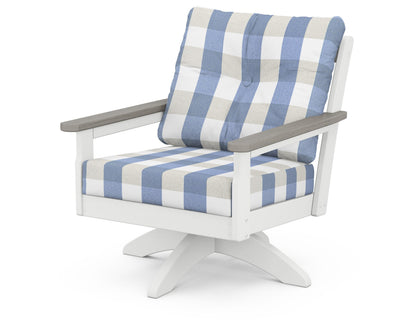 POLYWOOD® Vineyard Deep Seating Swivel Chair in White / Driftwood / Buffalo Plaid Sky Blue