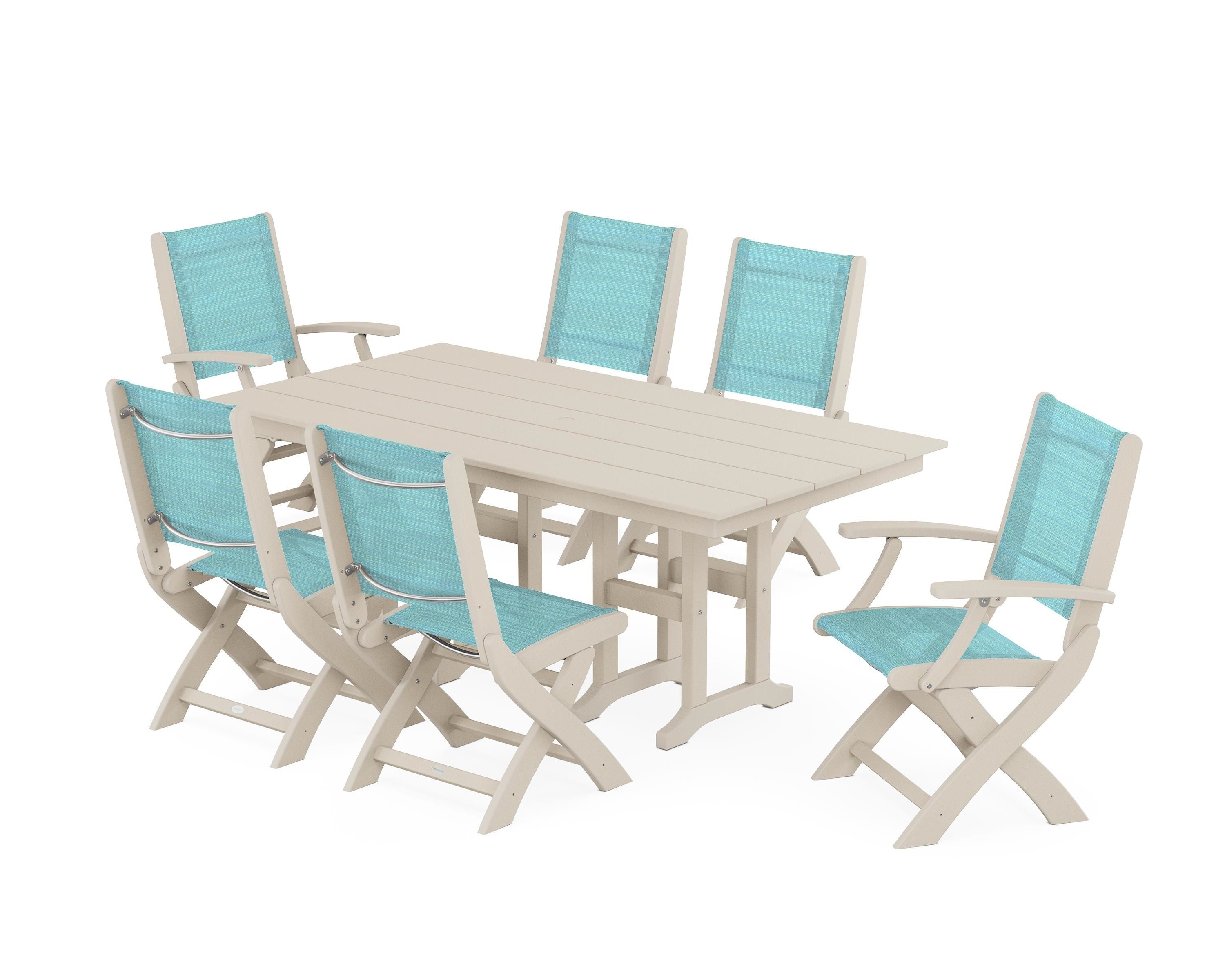 POLYWOOD® Coastal Folding Chair 7-Piece Farmhouse Dining Set in Sand / Dupioni Aquamarine Sling