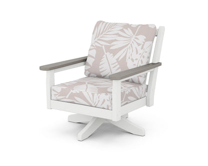 POLYWOOD® Chippendale Deep Seating Swivel Chair in White / Driftwood / Leaf Dune Burlap