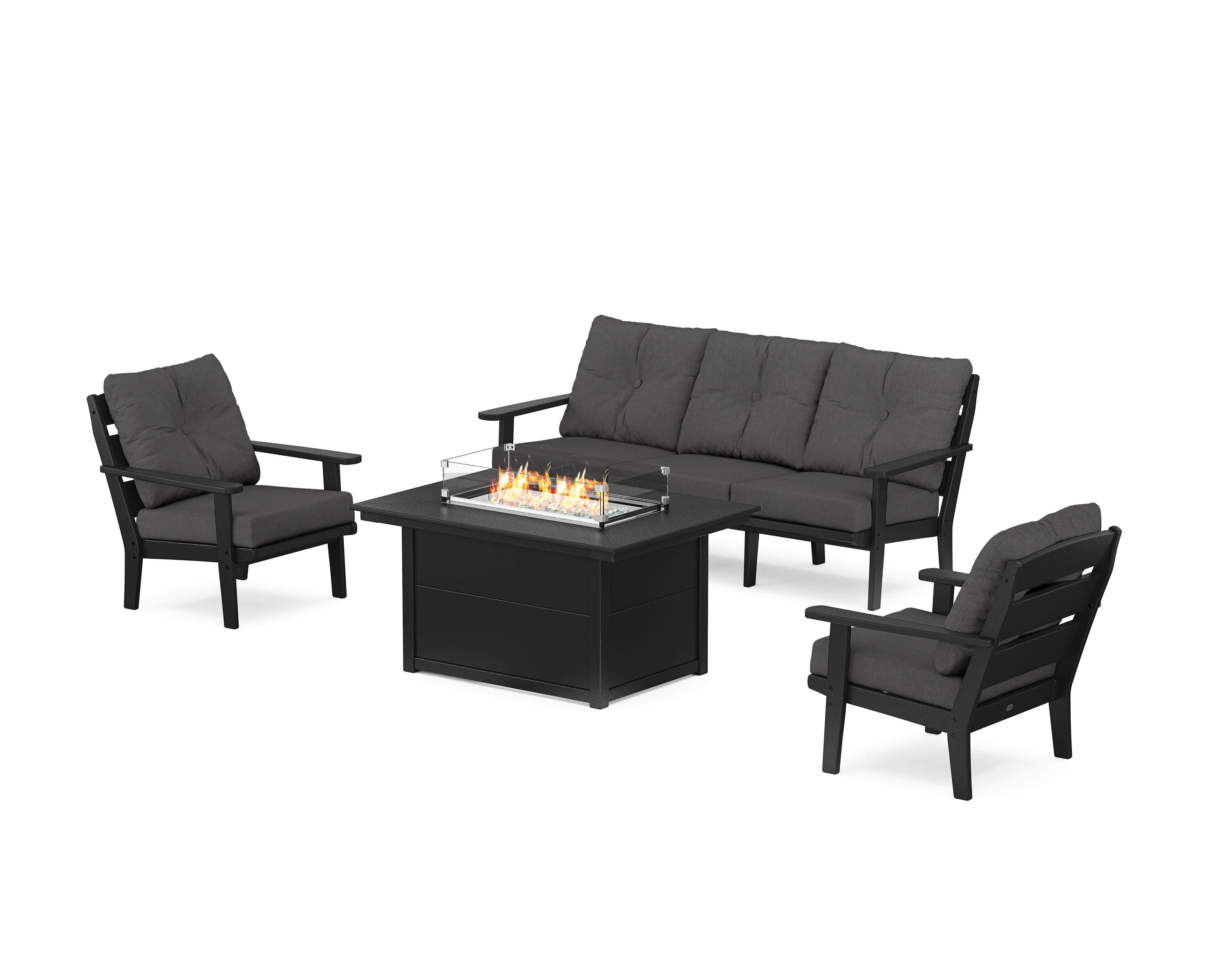 POLYWOOD® Lakeside Deep Seating Fire Pit Table Set in Black / Spectrum Carbon