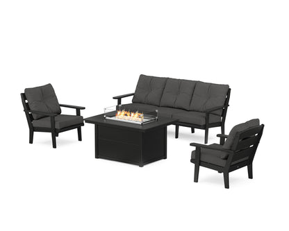 POLYWOOD® Lakeside Deep Seating Fire Pit Table Set in Black / Spectrum Carbon