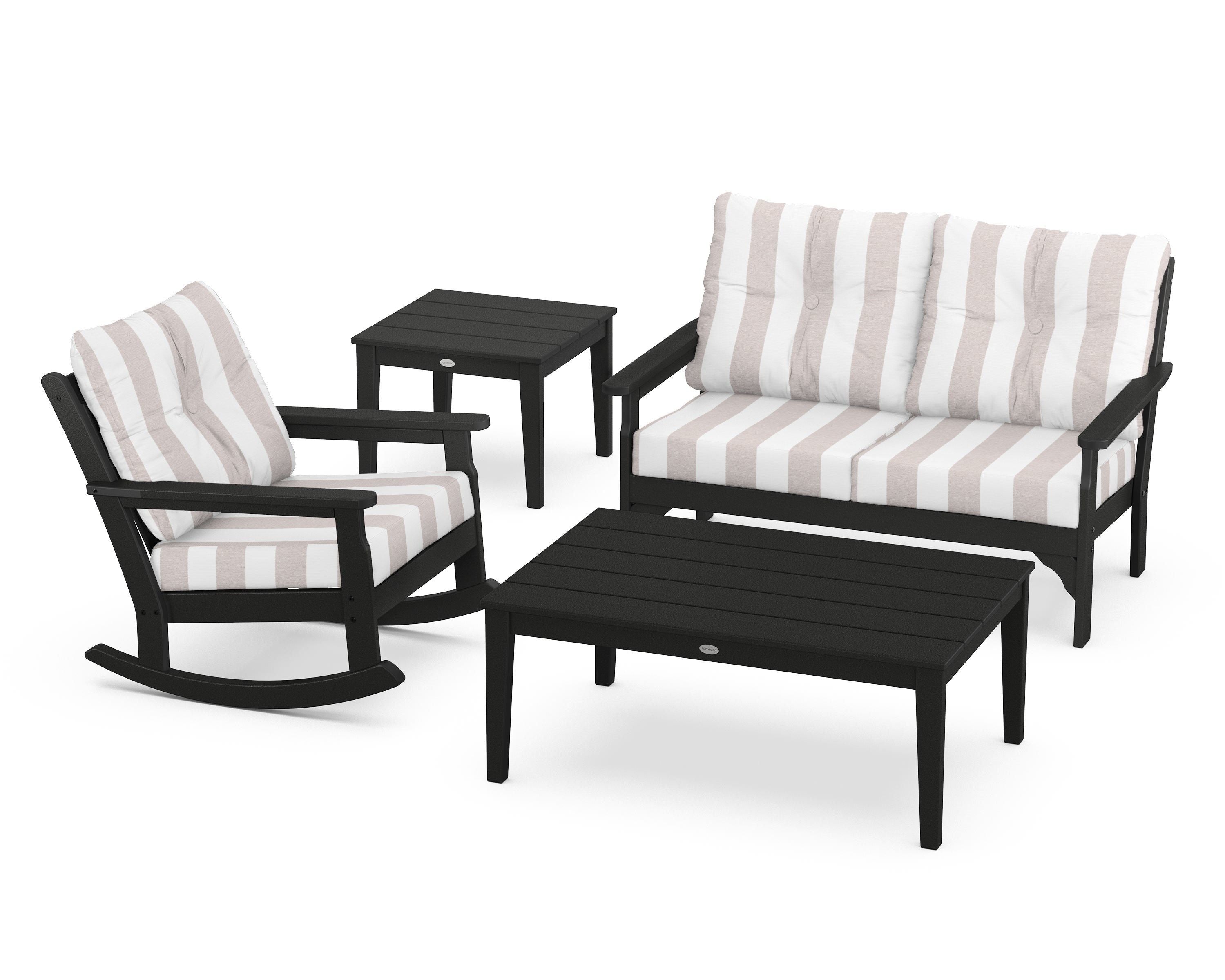 POLYWOOD® Vineyard 4-Piece Deep Seating Rocker Set in Black / Cabana Stripe Dune Burlap