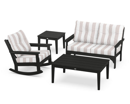 POLYWOOD® Vineyard 4-Piece Deep Seating Rocker Set in Black / Cabana Stripe Dune Burlap