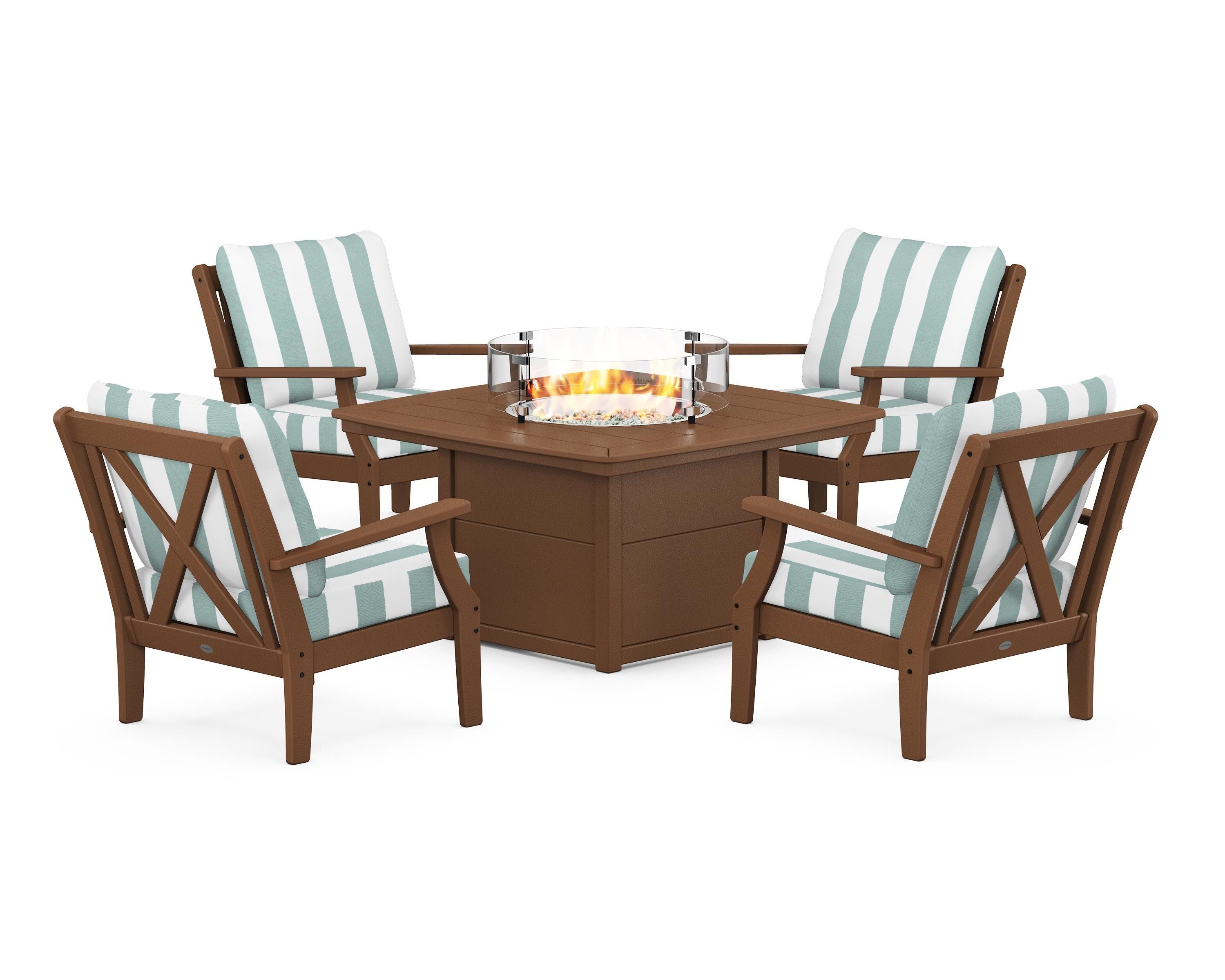POLYWOOD® Braxton 5-Piece Deep Seating Conversation Set with Fire Pit Table in Teak / Cabana Stripe Glacier Spa