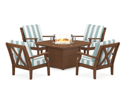 POLYWOOD® Braxton 5-Piece Deep Seating Conversation Set with Fire Pit Table in Teak / Cabana Stripe Glacier Spa
