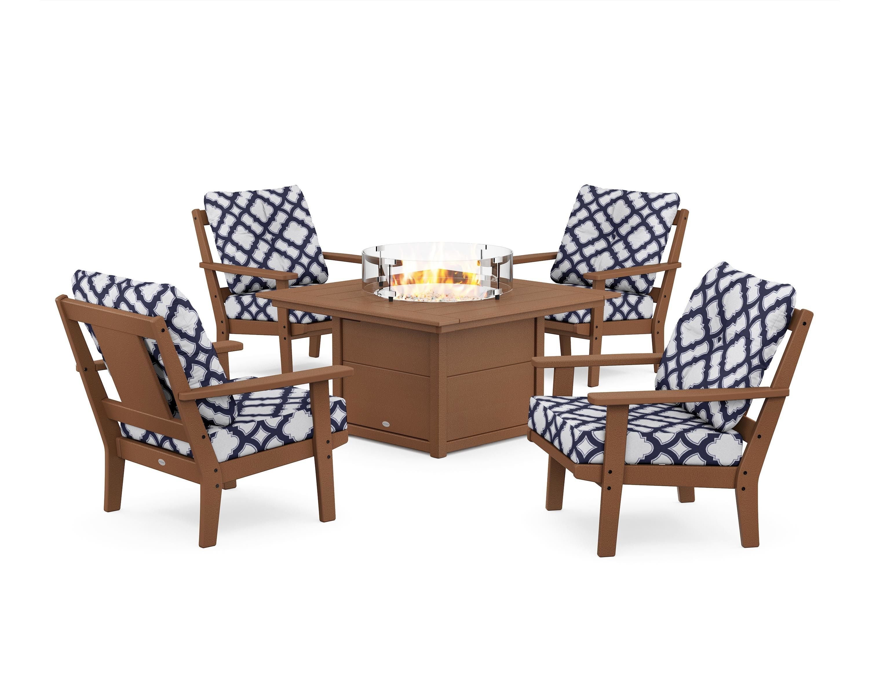 POLYWOOD® Prairie 5-Piece Deep Seating Set with Fire Pit Table in Teak / Trellis Navy