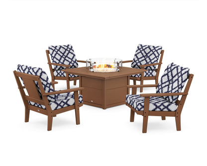 POLYWOOD® Prairie 5-Piece Deep Seating Set with Fire Pit Table in Teak / Trellis Navy