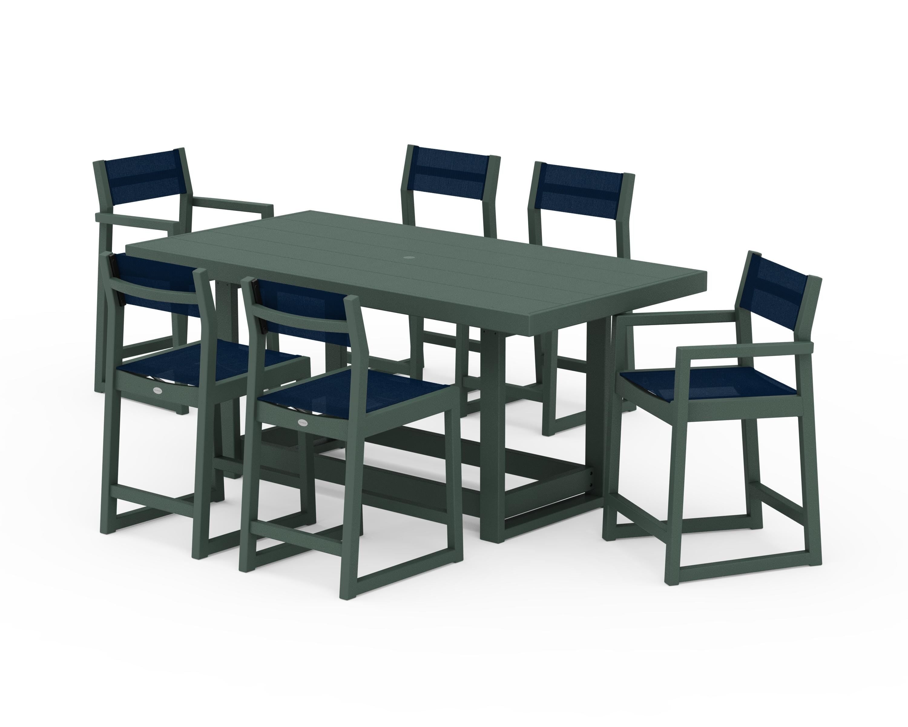 POLYWOOD® EDGE Sling 7-Piece Counter Table Set in Green / Navy Blue Sling