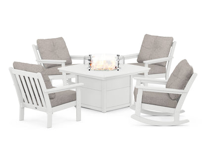 POLYWOOD® Vineyard 5-Piece Deep Seating Rocking Chair Conversation Set with Fire Pit Table in White / Weathered Tweed