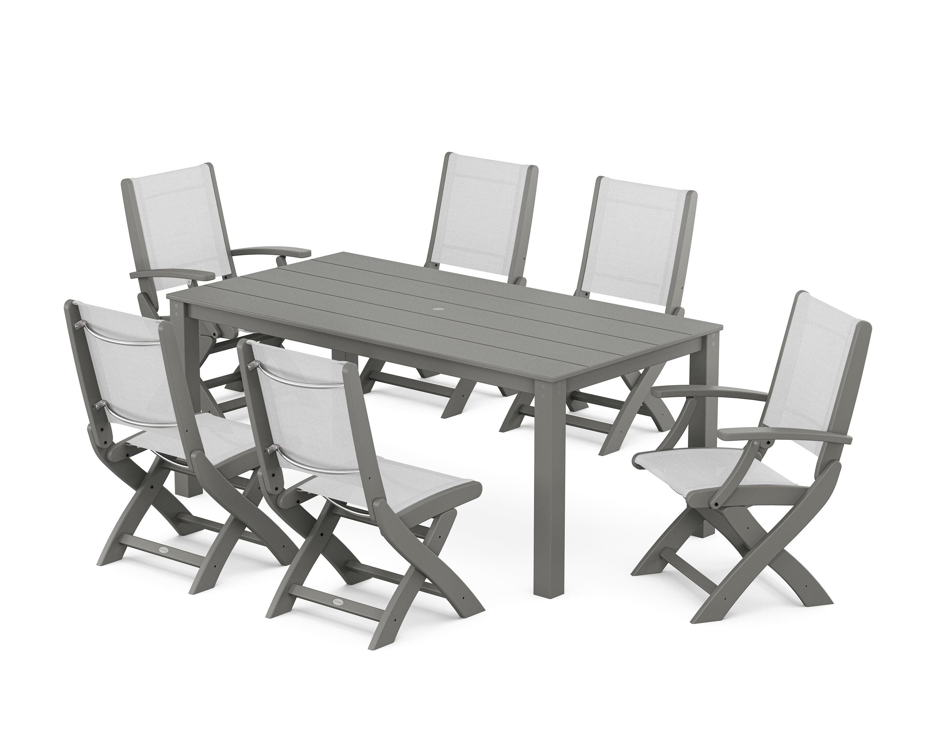 POLYWOOD® Coastal Folding Chair 7-Piece Parsons Dining Set in Slate Grey / White Sling