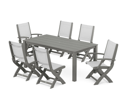 POLYWOOD® Coastal Folding Chair 7-Piece Parsons Dining Set in Slate Grey / White Sling
