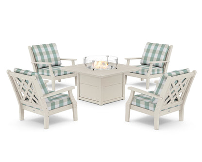 Country Living Wovendale 5-Piece Deep Seating Set with Fire Pit Table in Sand / Buffalo Plaid Glacier Spa