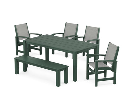 POLYWOOD® Coastal 6-Piece Parsons Dining Set with Bench in Green / Metallic Sling
