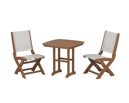 POLYWOOD® Coastal Folding Side Chair 3-Piece Dining Set in Teak / Parchment Sling