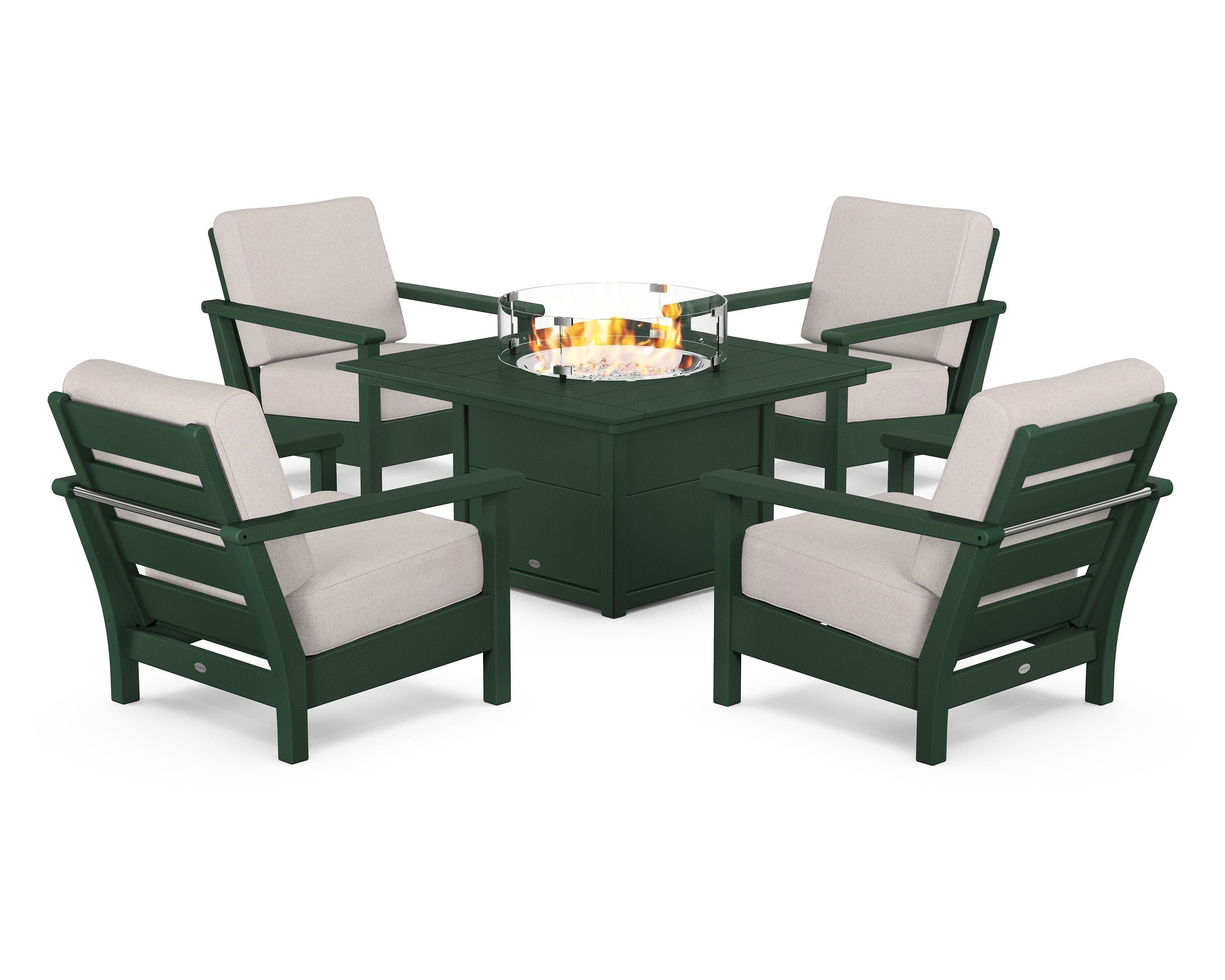 POLYWOOD® Harbour 5-Piece Conversation Set with Fire Pit Table in Green / Dune Burlap