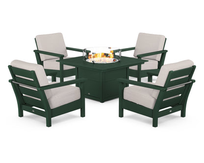 POLYWOOD® Harbour 5-Piece Conversation Set with Fire Pit Table in Green / Dune Burlap