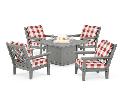 POLYWOOD® Chippendale 5-Piece Deep Seating Set with Fire Pit Table in Slate Grey / Buffalo Plaid Crimson