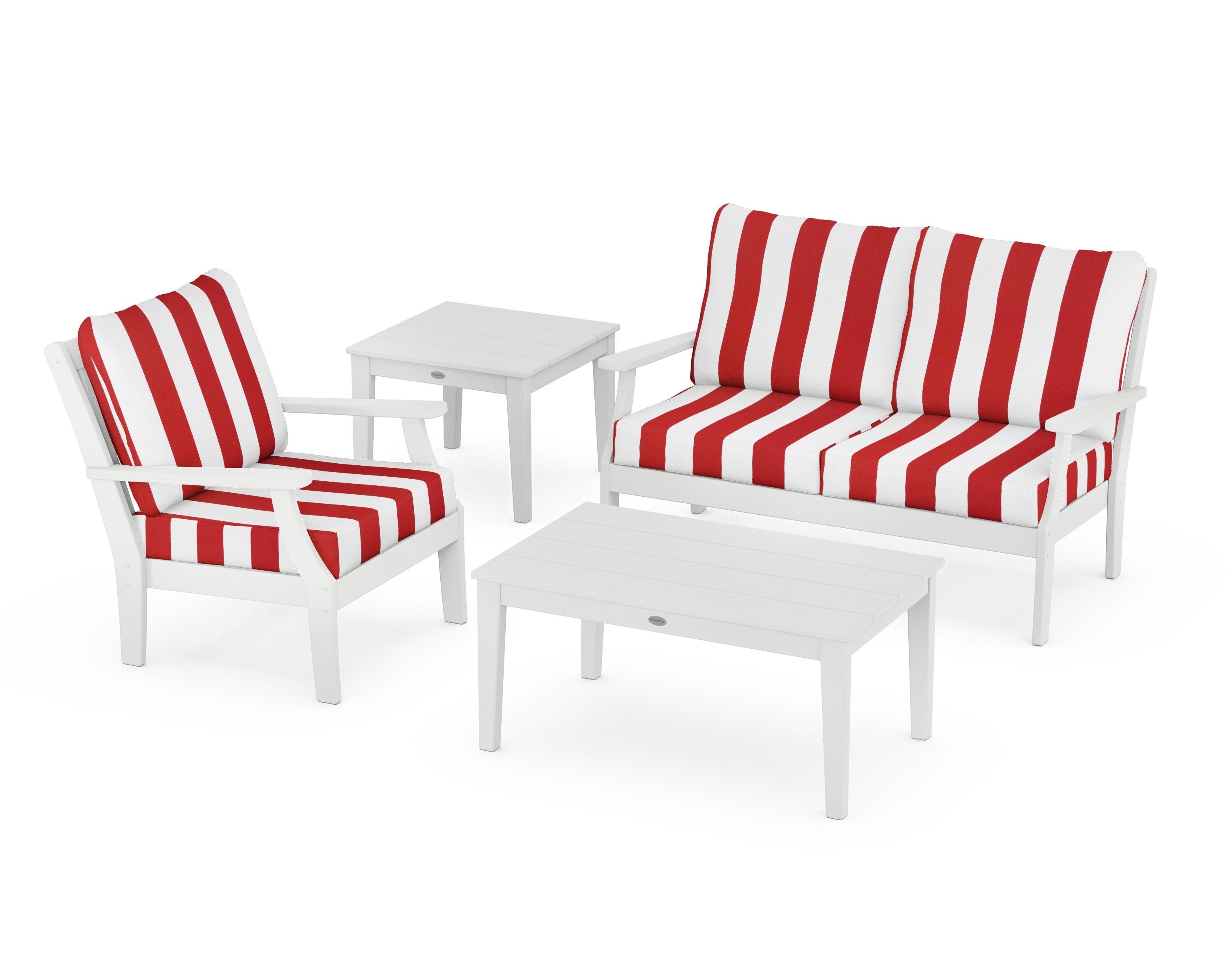 POLYWOOD® Braxton 4-Piece Deep Seating Set in White / Cabana Stripe Crimson