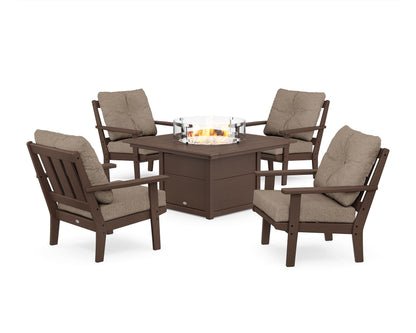 POLYWOOD® Oxford 5-Piece Deep Seating Set with Fire Pit Table in Mahogany / Spiced Burlap