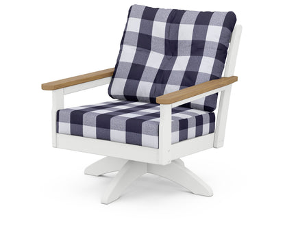 POLYWOOD® Vineyard Deep Seating Swivel Chair in White / Natural / Buffalo Plaid Navy