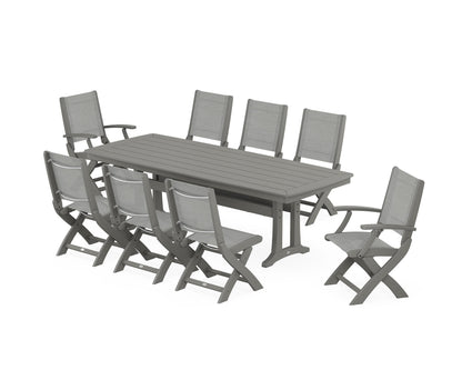 POLYWOOD® Coastal Folding 9-Piece Dining Set with Trestle Legs in Slate Grey / Metallic Sling