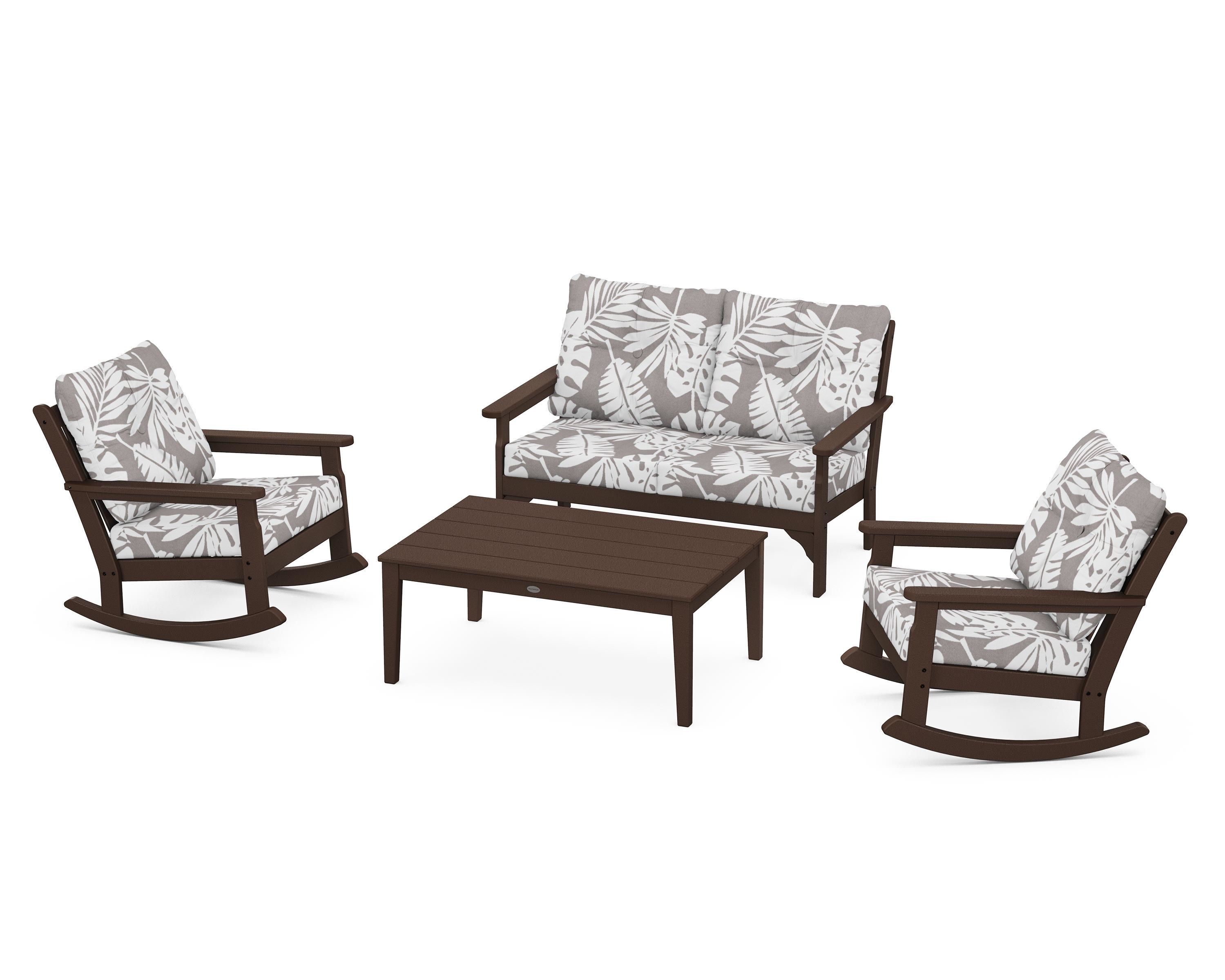 POLYWOOD® Vineyard 4-Piece Deep Seating Rocking Chair Set in Mahogany / Leaf Grey Mist