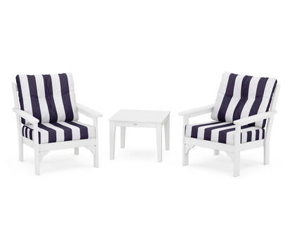 POLYWOOD® Vineyard 3-Piece Deep Seating Set in White / Cabana Stripe Navy
