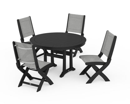 POLYWOOD® Coastal Folding Side Chair 5-Piece Round Dining Set With Trestle Legs in Black / Metallic Sling
