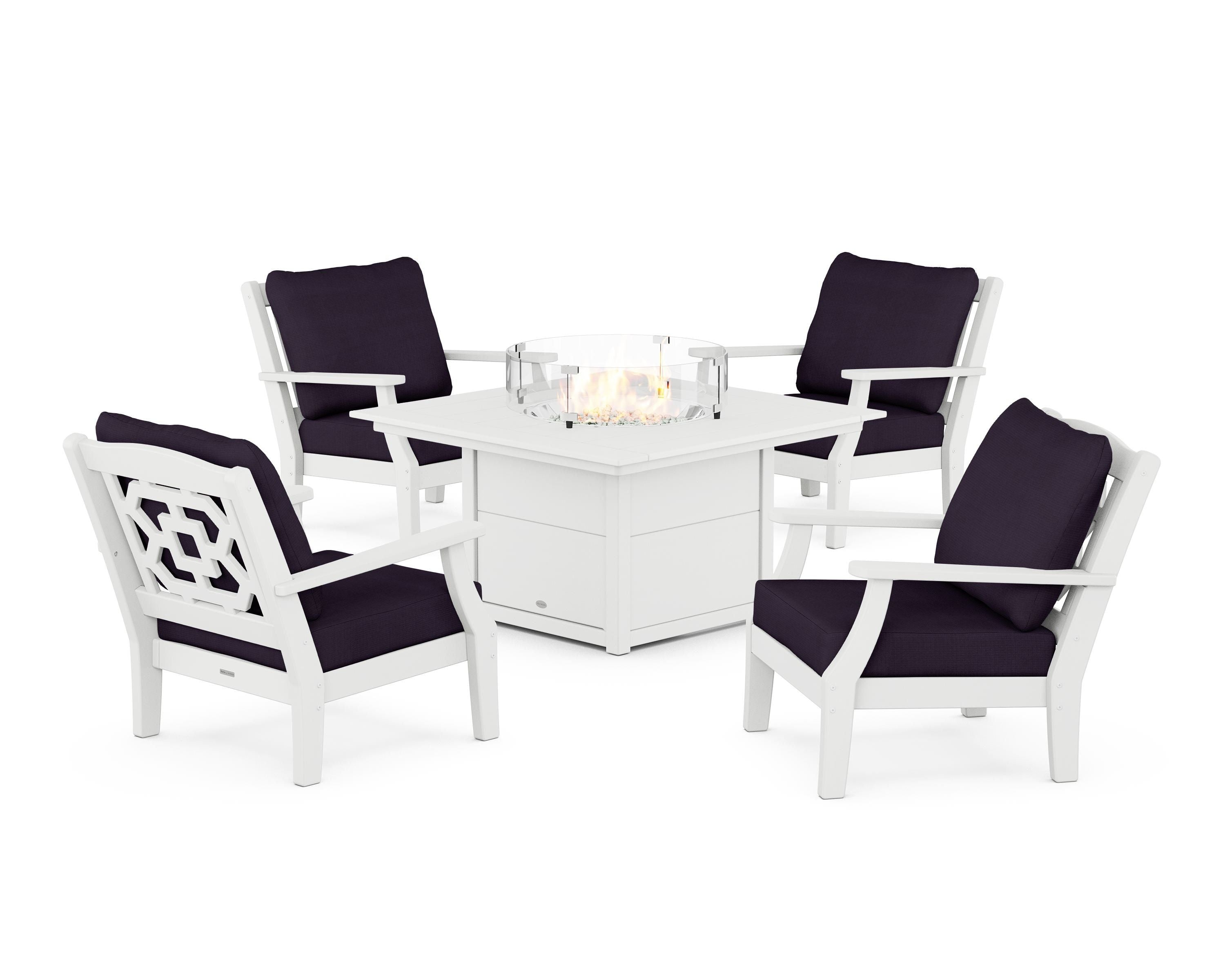 Martha Stewart by POLYWOOD® Chinoiserie 5-Piece Deep Seating Set with Fire Pit Table in White / Navy Linen