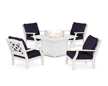 Martha Stewart by POLYWOOD® Chinoiserie 5-Piece Deep Seating Set with Fire Pit Table in White / Navy Linen