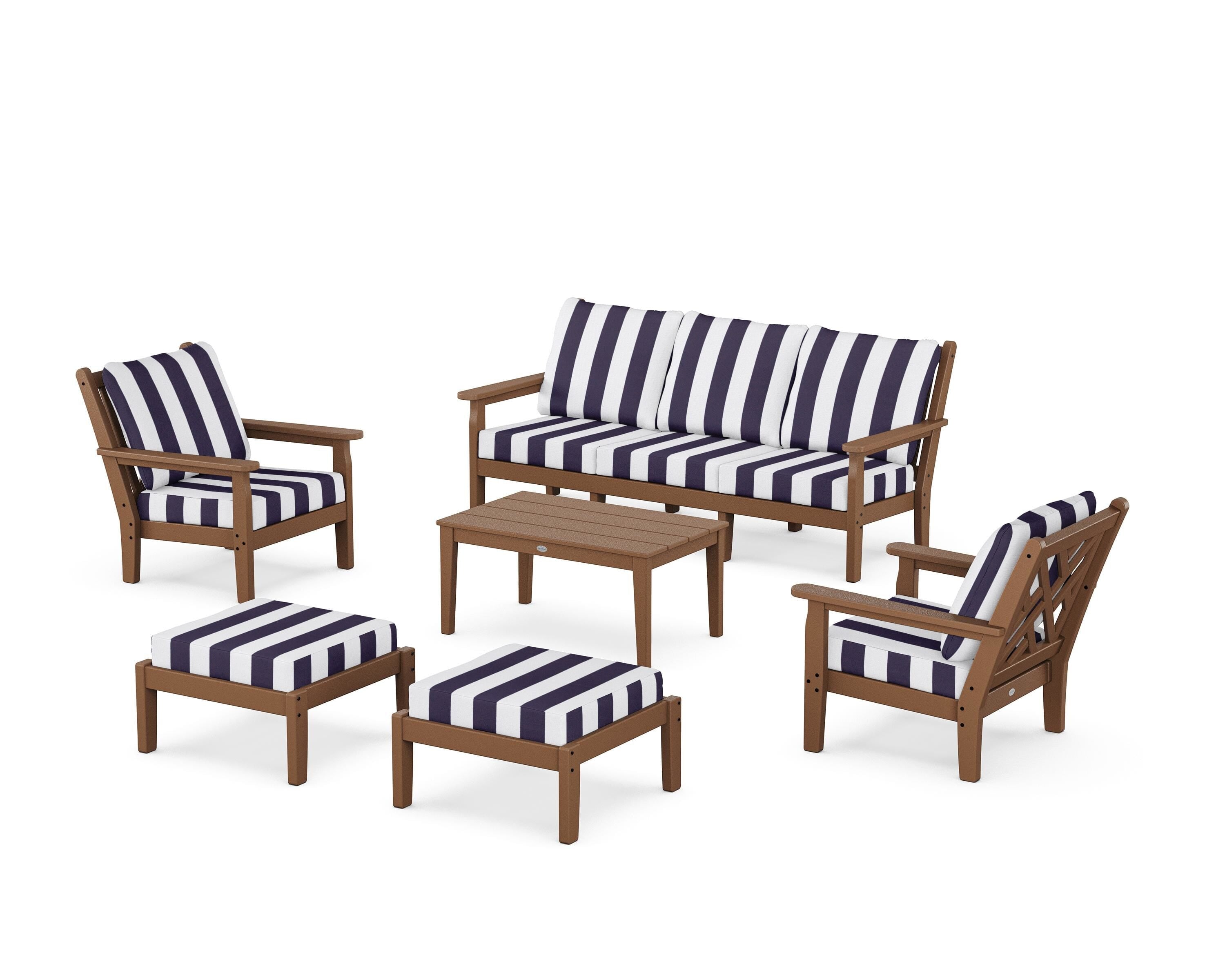 POLYWOOD® Chippendale 6-Piece Lounge Sofa Set in Teak / Cabana Stripe Navy