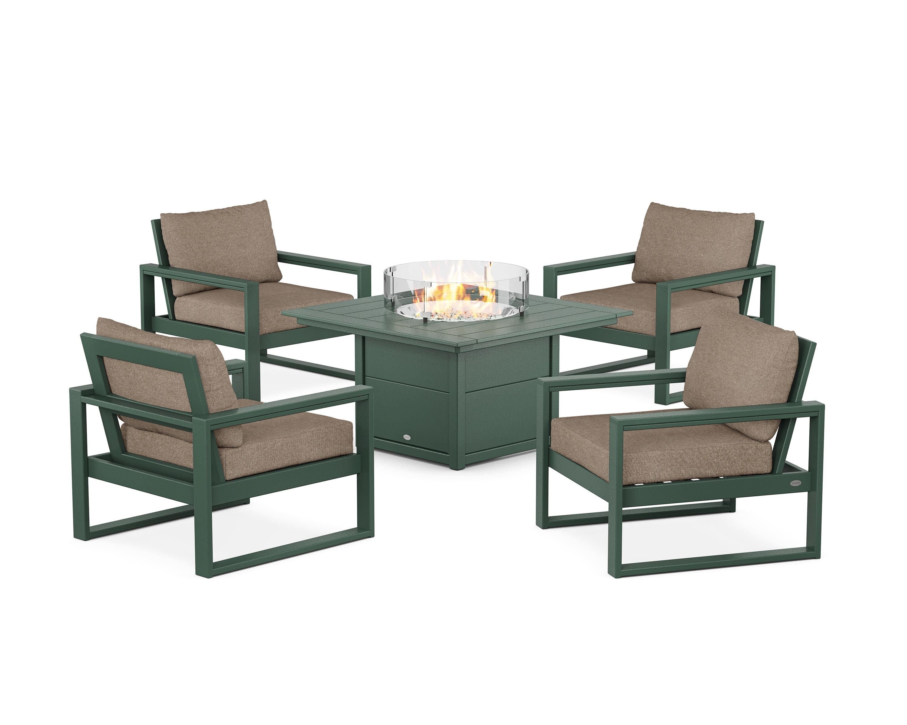POLYWOOD® EDGE Sectional 5-Piece Deep Seating Set with Fire Pit Table in Green / Spiced Burlap