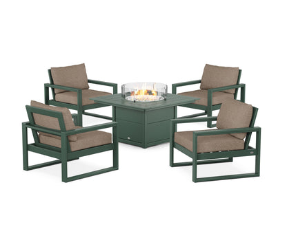 POLYWOOD® EDGE Sectional 5-Piece Deep Seating Set with Fire Pit Table in Green / Spiced Burlap
