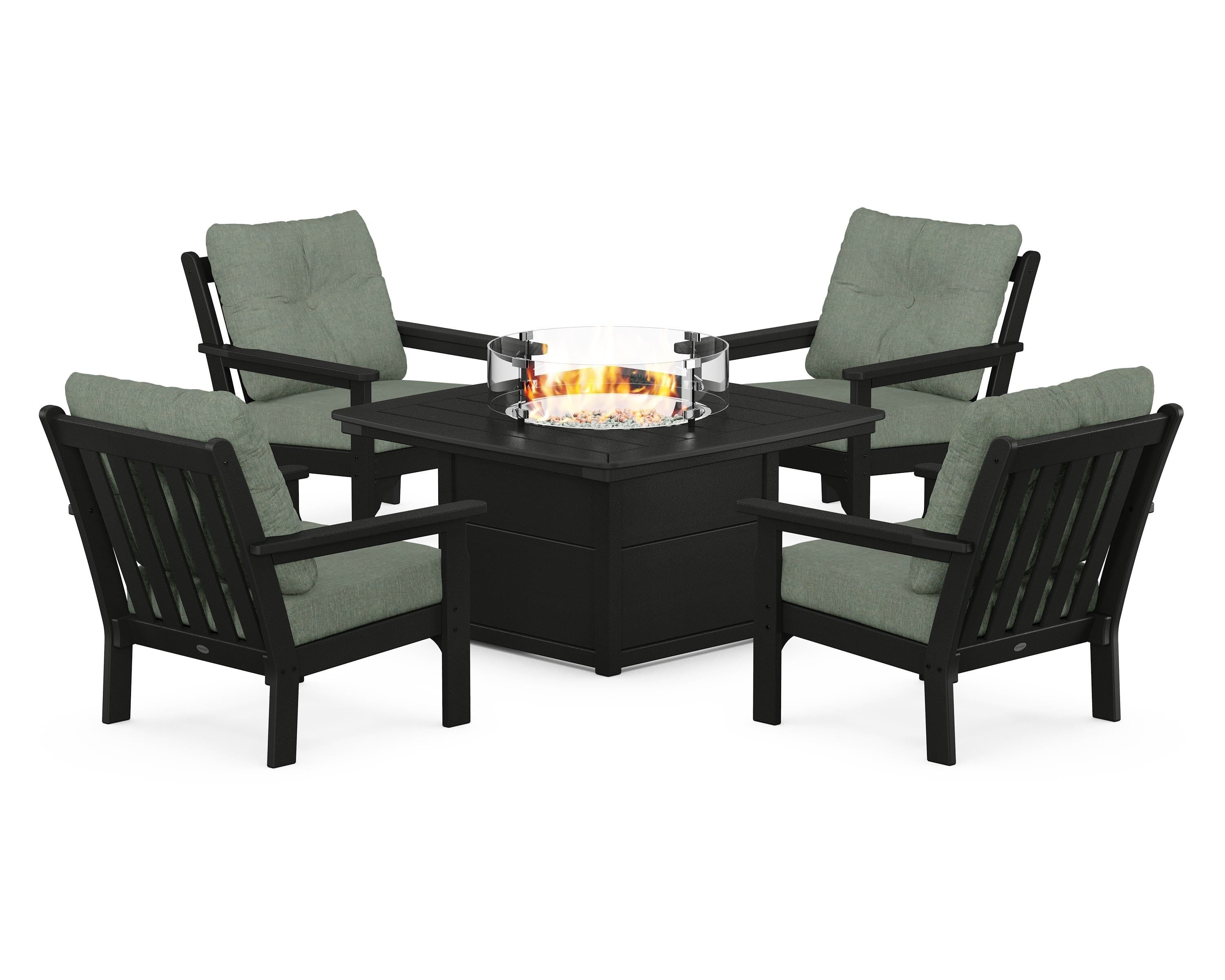 POLYWOOD® Vineyard 5-Piece Conversation Set with Fire Pit Table in Black / Cast Sage