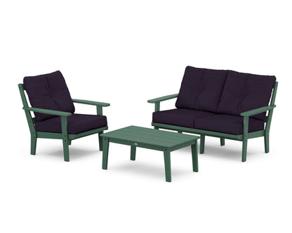 POLYWOOD® Oxford 3-Piece Deep Seating Set with Loveseat in Green / Navy Linen