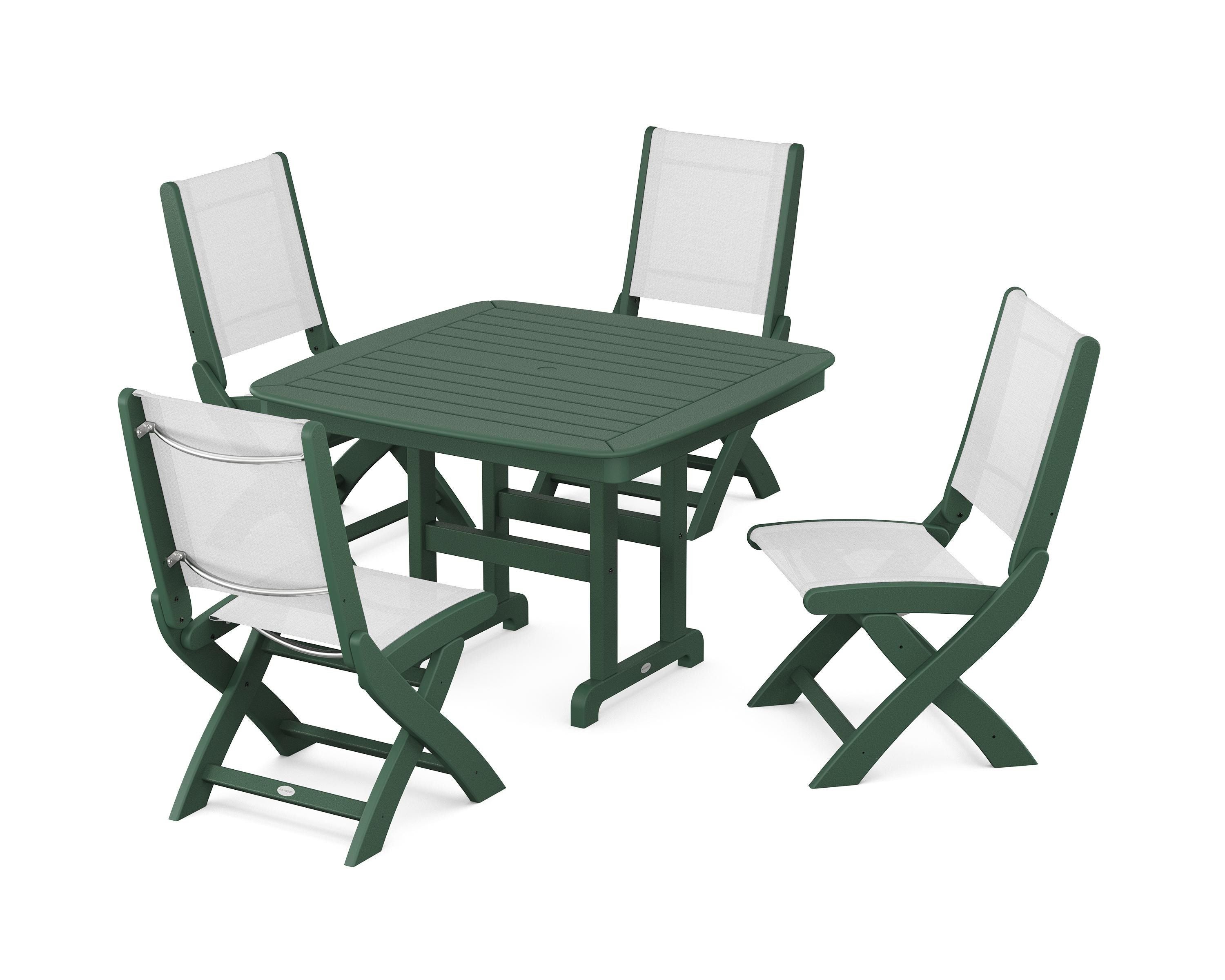 POLYWOOD® Coastal Folding Side Chair 5-Piece Dining Set in Green / White Sling