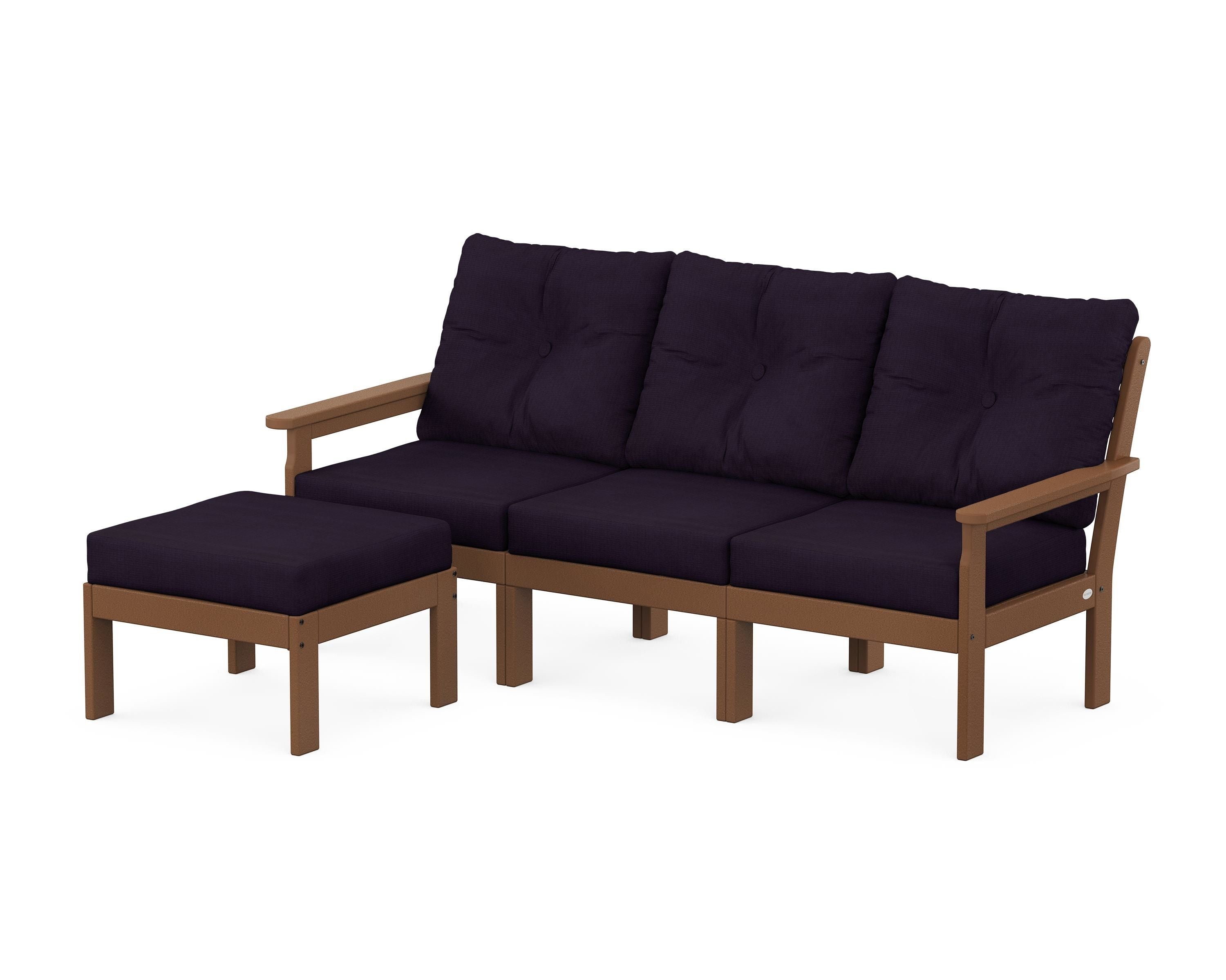 POLYWOOD® Vineyard 4-Piece Sectional with Ottoman in Teak / Navy Linen