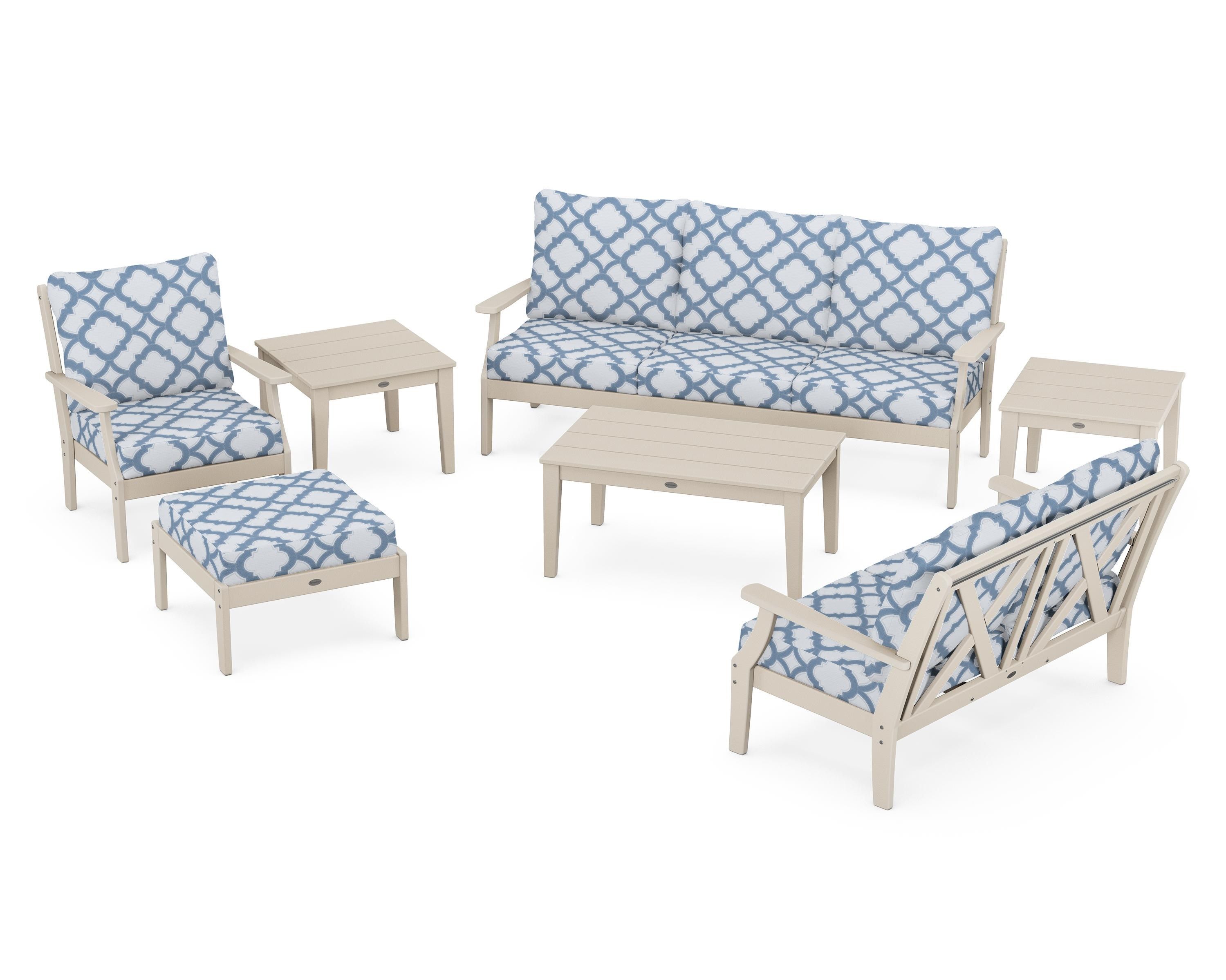 POLYWOOD® Braxton 7-Piece Deep Seating Set in Sand / Trellis Sky Blue