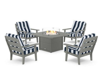 POLYWOOD® Lakeside 5-Piece Deep Seating Set with Nautical Fire Pit Table in Slate Grey / Cabana Stripe Marine Indigo