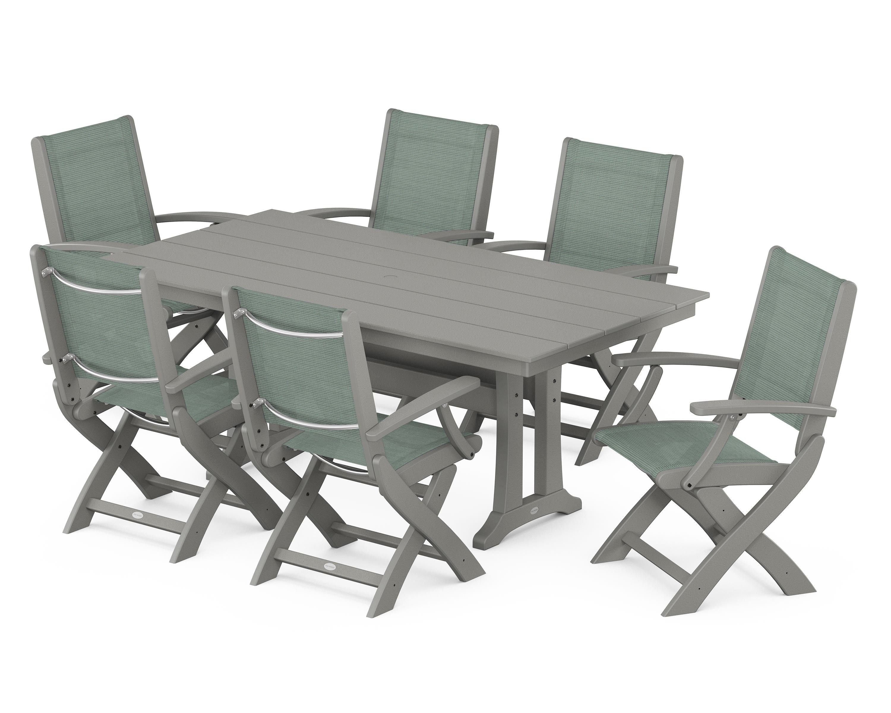 POLYWOOD® Coastal Folding Arm Chair 7-Piece Farmhouse Dining Set with Trestle Legs in Slate Grey / Dupioni Sea Mist Sling