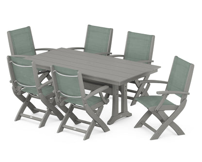 POLYWOOD® Coastal Folding Arm Chair 7-Piece Farmhouse Dining Set with Trestle Legs in Slate Grey / Dupioni Sea Mist Sling