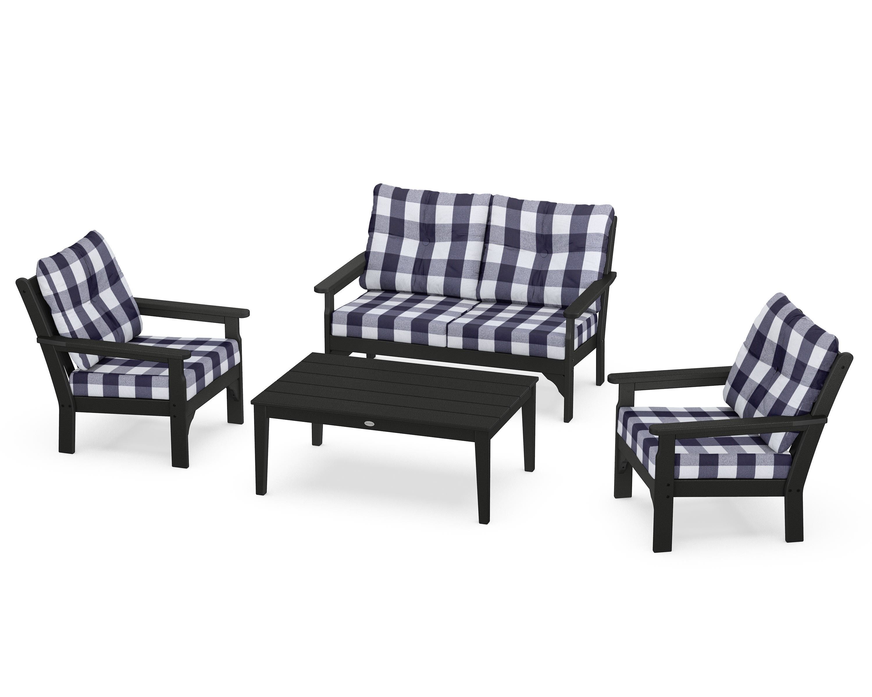POLYWOOD® Vineyard 4-Piece Deep Seating Set in Black / Buffalo Plaid Navy