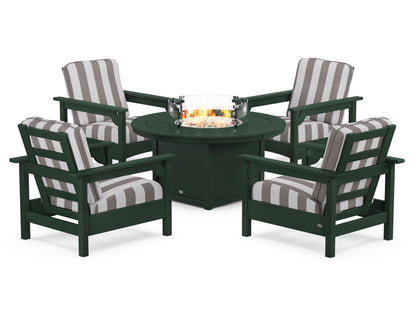POLYWOOD® Club 5-Piece Conversation Set with Fire Pit Table in Green / Cabana Stripe Grey Mist