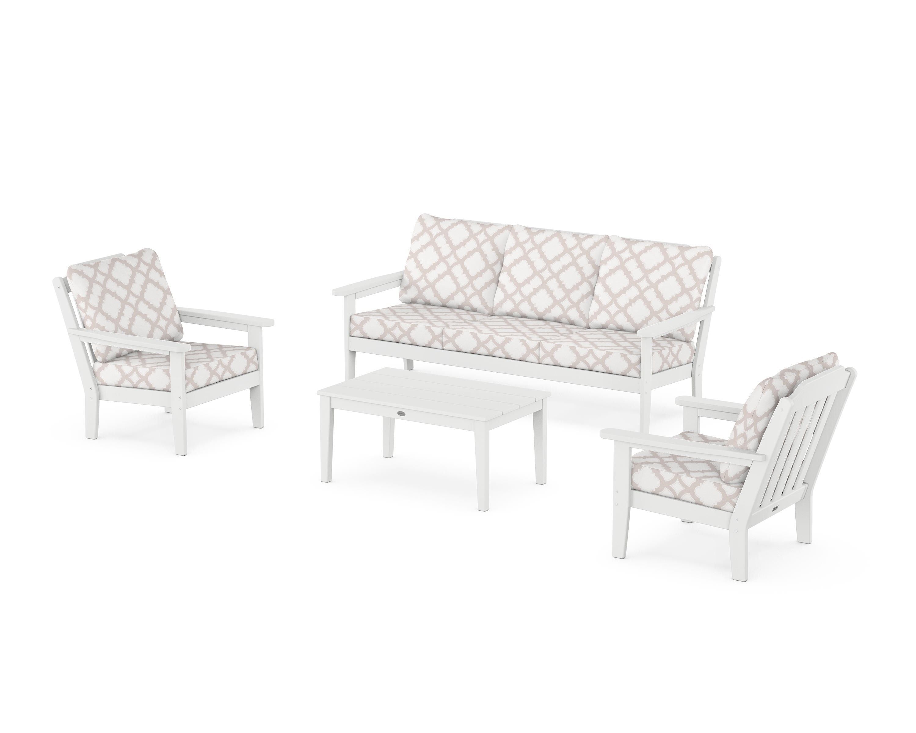 Country Living Cottage 4-Piece Deep Seating Set with Sofa in White / Trellis Dune Burlap