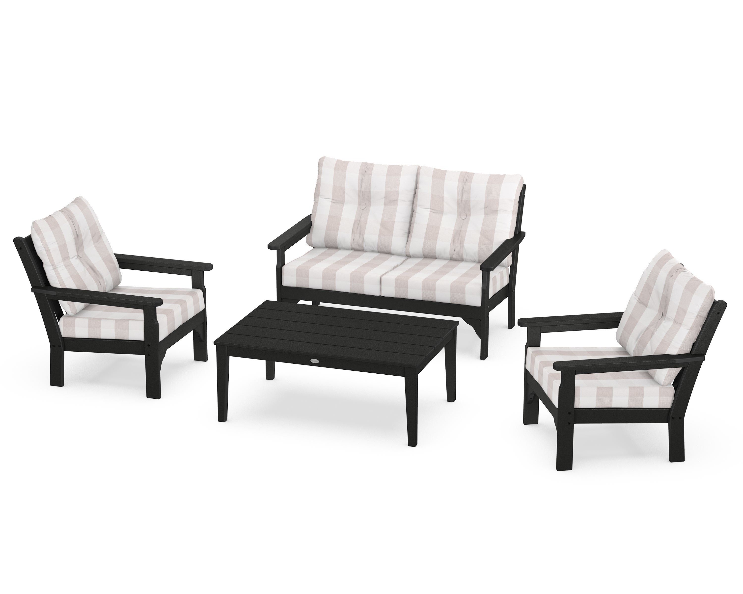 POLYWOOD® Vineyard 4-Piece Deep Seating Set in Black / Buffalo Plaid Dune Burlap