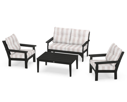 POLYWOOD® Vineyard 4-Piece Deep Seating Set in Black / Buffalo Plaid Dune Burlap