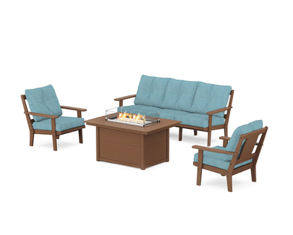 POLYWOOD® Prairie Deep Seating Fire Pit Table Set in Teak / Lattice Sky Blue